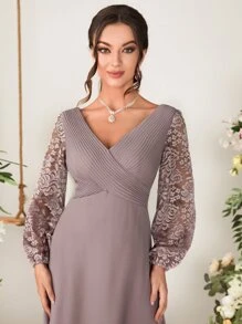 Váy phù dâu bằng vải chiffon tay đèn lồng ren tương phản, váy dài tay thanh lịch - Bụi tím - Xem 5