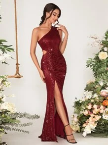 SHEIN Belle Burgundy Red One Shoulder Split Thigh Sequin Dress - Burgundy - View 4