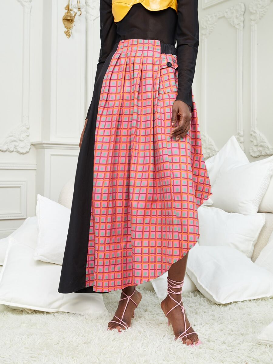 MOMI-KO 格紋印花不對稱下擺半身裙 - 彩色 - 查看 1