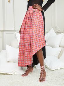 MOMI-KO 格紋印花不對稱下擺半身裙 - 彩色 - 查看 5