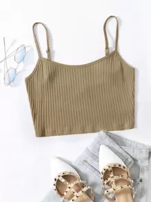 SHEIN EZwear Top de tirantes corto de canalé - Caqui - Ver 1