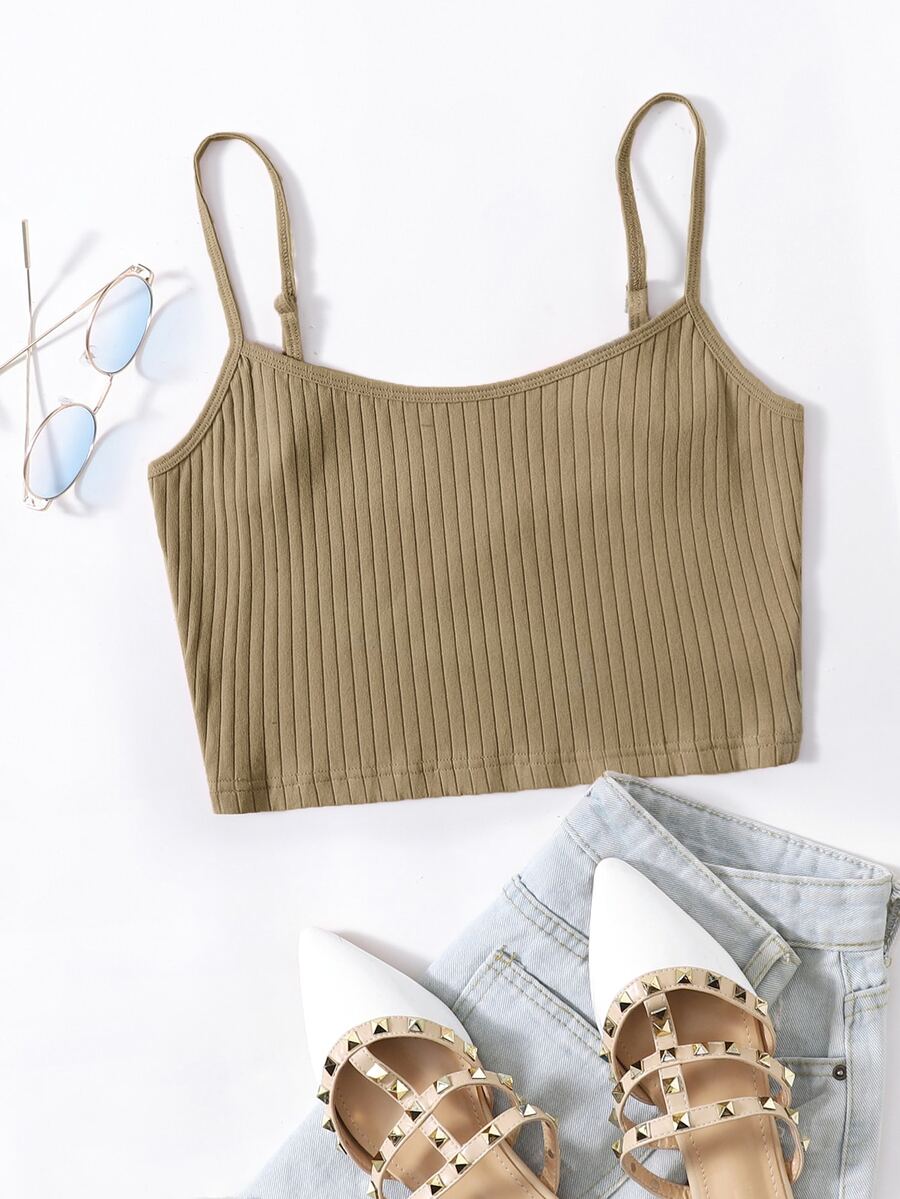 SHEIN EZwear Top de tirantes corto de canalé - Caqui - Ver 1