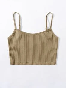 SHEIN EZwear Top de tirantes corto de canalé - Caqui - Ver 5