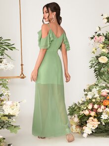 Vestido de dama de honor de hombros descubiertos ribete con fruncido de muslo con abertura de gasa - Verde Lima - Ver 2