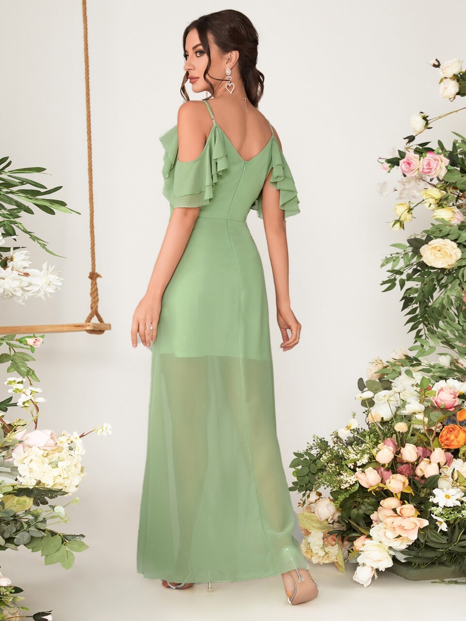 Cold Shoulder Ruffle Trim Split Thigh Chiffon Bridesmaid Dress