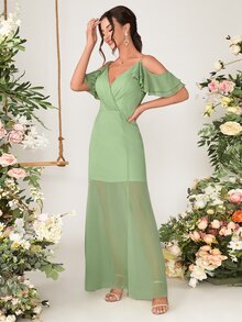 Vestido de dama de honor de hombros descubiertos ribete con fruncido de muslo con abertura de gasa - Verde Lima - Ver 3