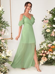 Vestido de dama de honor de hombros descubiertos ribete con fruncido de muslo con abertura de gasa - Verde Lima - Ver 4
