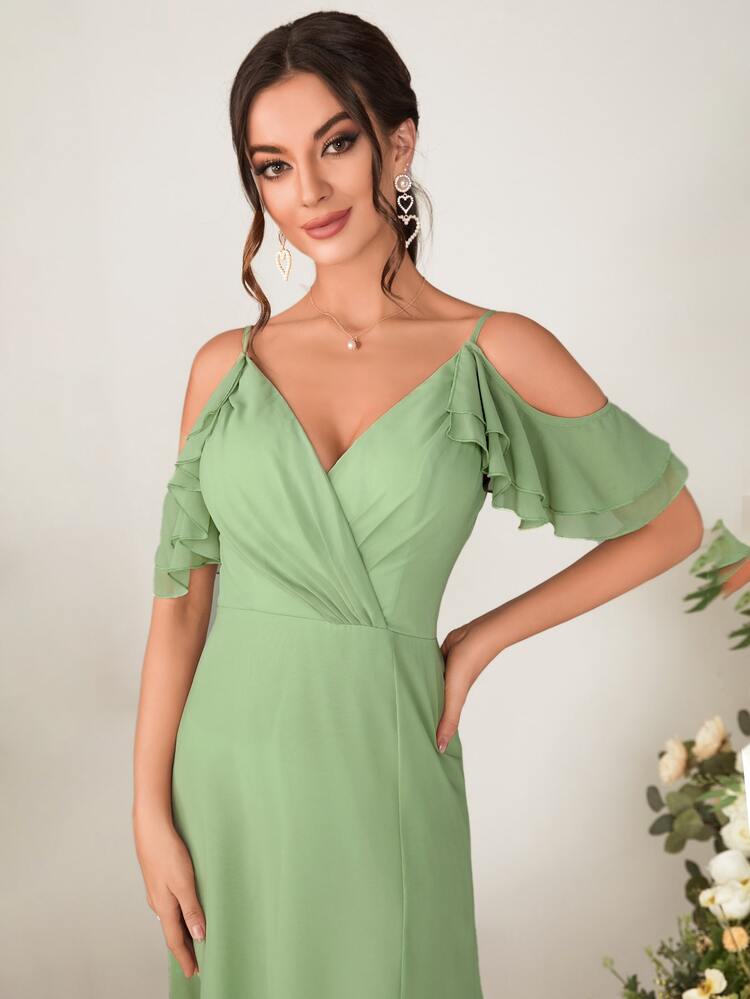 Cold Shoulder Ruffle Trim Split Thigh Chiffon Bridesmaid Dress