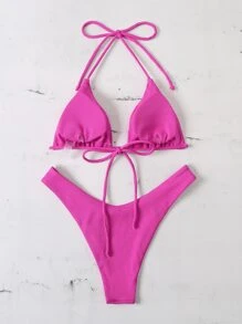 SHEIN Swim Bikini de micro triángulo ribeteado de playa de verano de corte alto - Rosa Fucsia - Ver 2