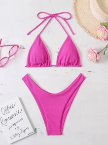 SHEIN Swim Bikini de micro triángulo ribeteado de playa de verano de corte alto - Rosa Fucsia - Ver 3