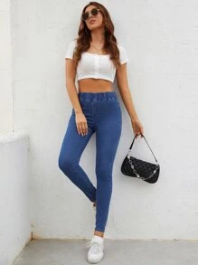 SHEIN Essnce High Waist Skinny Jeggings - Dark Wash - View 5