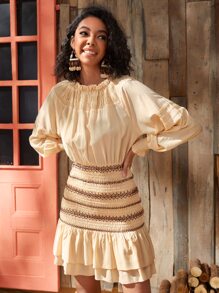 SHEIN 木耳邊領打褶二層下擺連衣裙 - 杏色 - 查看 1