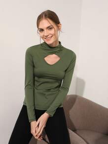 SHEIN Cut-Out Mock Neck Sports Tee - Army Green - View 1