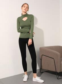 SHEIN Cut-Out Mock Neck Sports Tee - Army Green - View 3