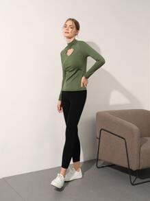 SHEIN Cut-Out Mock Neck Sports Tee - Army Green - View 4