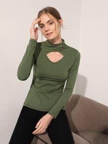 SHEIN Cut-Out Mock Neck Sports Tee - Army Green - View 5