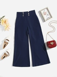 SHEIN Girls Button Detail Wide Leg Trousers - Navy Blue - View 1