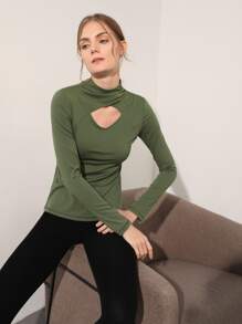 SHEIN Cut-Out Mock Neck Sports Tee - Army Green - View 6