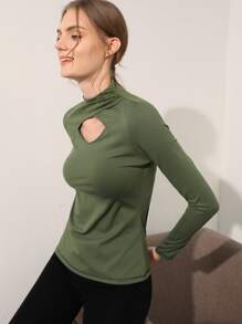 SHEIN Cut-Out Mock Neck Sports Tee - Army Green - View 7