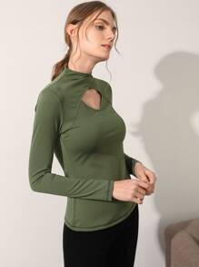 SHEIN Cut-Out Mock Neck Sports Tee - Army Green - View 9