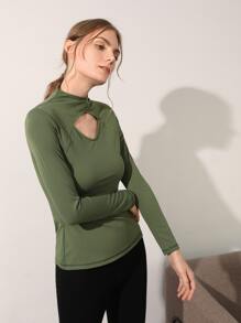 SHEIN Cut-Out Mock Neck Sports Tee - Army Green - View 10