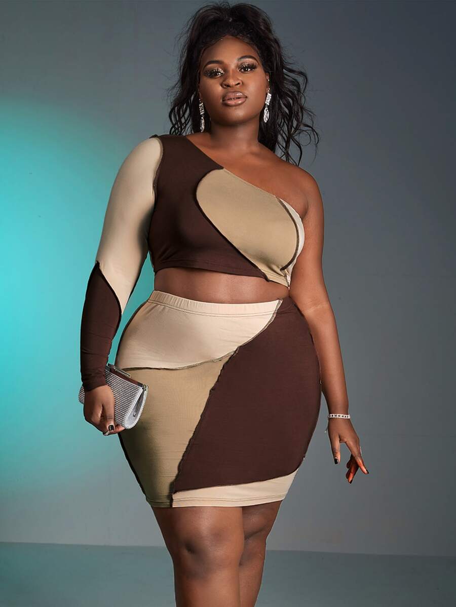 Slaydiva 大碼撞色單肩頂針短款上衣和包臀半身裙 - 彩色 - 查看 1