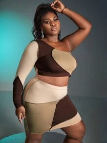 Slaydiva 大碼撞色單肩頂針短款上衣和包臀半身裙 - 彩色 - 查看 3