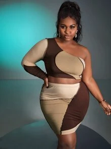 Slaydiva 大碼撞色單肩頂針短款上衣和包臀半身裙 - 彩色 - 查看 6