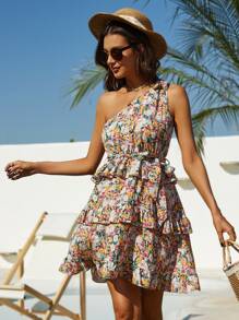 Đầm Thắt lưng Thắt nút Viên lá sen phân lớp Hoa Boho - Nhiều màu - Xem 1