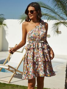 Đầm Thắt lưng Thắt nút Viên lá sen phân lớp Hoa Boho - Nhiều màu - Xem 3