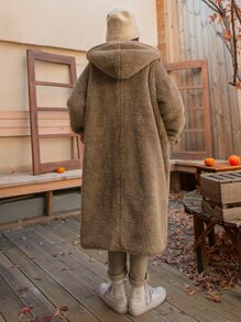 DAZY 落肩袖雙口袋連帽絨毛牛角扣大衣 - 駝色 - 查看 2