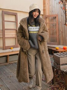 DAZY 落肩袖雙口袋連帽絨毛牛角扣大衣 - 駝色 - 查看 7