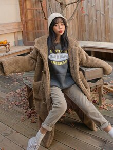 DAZY 落肩袖雙口袋連帽絨毛牛角扣大衣 - 駝色 - 查看 8