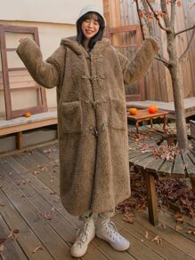 DAZY 落肩袖雙口袋連帽絨毛牛角扣大衣 - 駝色 - 查看 9
