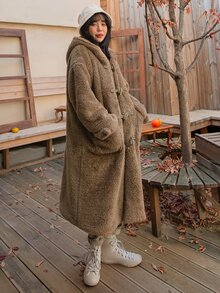 DAZY 落肩袖雙口袋連帽絨毛牛角扣大衣 - 駝色 - 查看 10