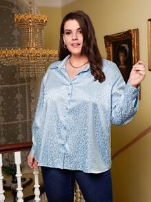 SHEIN Áo sơ mi Plus Size Nút phía trước Tất cả trên in Thanh lịch - Màu xanh nhạt - Xem 1