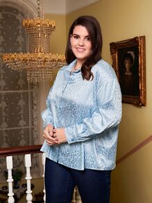 SHEIN Áo sơ mi Plus Size Nút phía trước Tất cả trên in Thanh lịch - Màu xanh nhạt - Xem 3