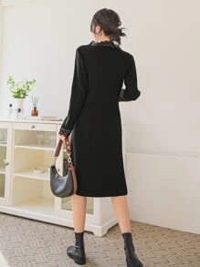 DAZY Vestido de suéter de punto acanalado con ribete de encaje, ropa de otoño - Negro - Ver 2
