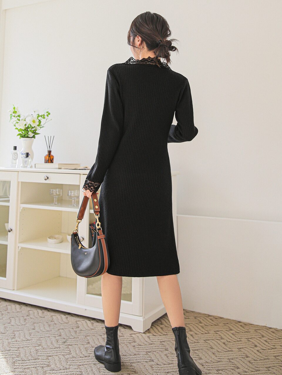 Lace Trim Ribbed Knit Sweater Dress,Fall Clothes