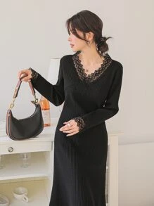 DAZY Vestido de suéter de punto acanalado con ribete de encaje, ropa de otoño - Negro - Ver 3