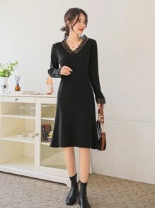 DAZY Vestido de suéter de punto acanalado con ribete de encaje, ropa de otoño - Negro - Ver 4