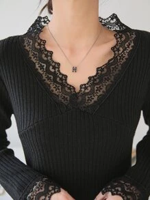 DAZY Vestido de suéter de punto acanalado con ribete de encaje, ropa de otoño - Negro - Ver 5