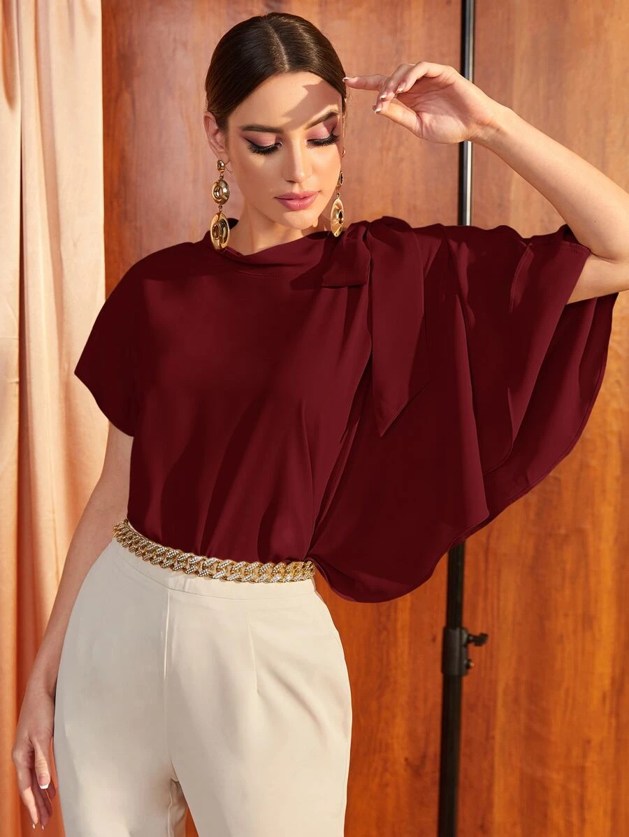 Seusyu 勃艮第红色结肩不对称蝙蝠袖上衣 - 酒紅色 - 查看 1