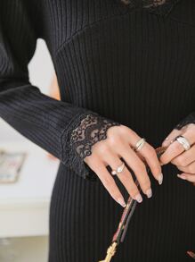 DAZY Vestido de suéter de punto acanalado con ribete de encaje, ropa de otoño - Negro - Ver 6