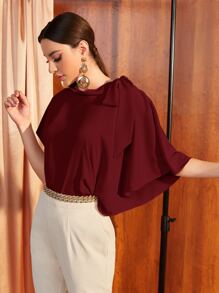 Seusyu 勃艮第红色结肩不对称蝙蝠袖上衣 - 酒紅色 - 查看 3