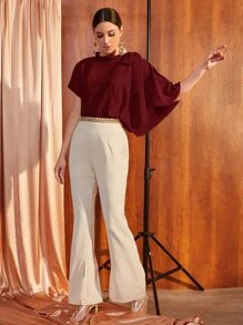 Seusyu 勃艮第红色结肩不对称蝙蝠袖上衣 - 酒紅色 - 查看 4