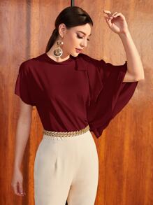 Seusyu 勃艮第红色结肩不对称蝙蝠袖上衣 - 酒紅色 - 查看 5