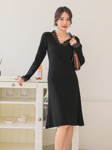 DAZY Vestido de suéter de punto acanalado con ribete de encaje, ropa de otoño - Negro - Ver 8