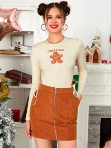 SHEIN EZwear 聖誕字母和卡通圖案側打結連身背心 - 米色 - 查看 1