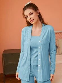 SHEIN Unity Button Front Robe & Cami Top & Pants PJ Set - Baby Blue - View 4